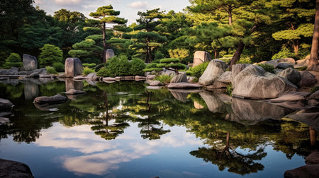 Japanese garden with pond and stone lanterns at sunset in Kyoto, Japan.の素材
