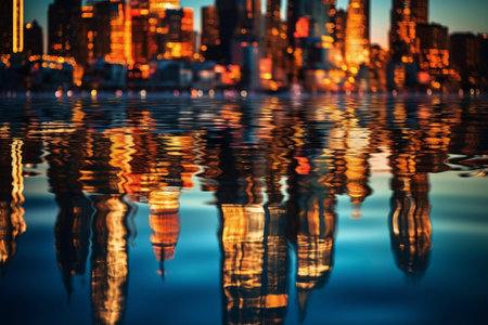 Cityscape with reflection of skyscrapers in the water at sunsetの素材