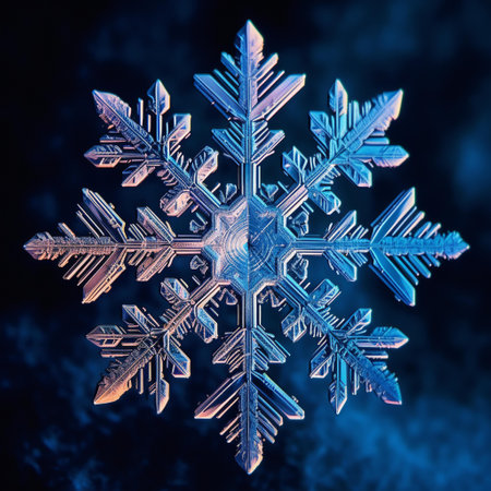 Snowflakes on a dark blue background. Close up. 3D illustration.の素材