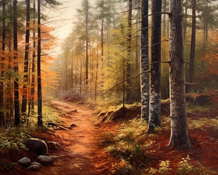 Digital painting of a forest path in autumn with trees in the backgroundの素材