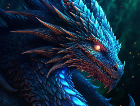 3D Illustration of a fantasy dragon with a glowing eye.の素材