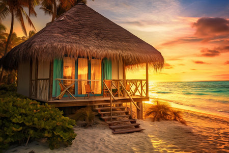 Colorful bungalows on tropical beach at sunset, Maldivesの素材