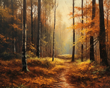 Digital painting of a path in the autumn forest. Autumn landscape.の素材