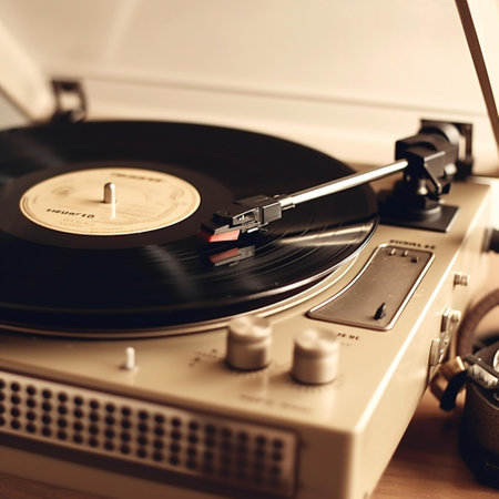 Vintage turntable player with vinyl record. Closeup view.の素材