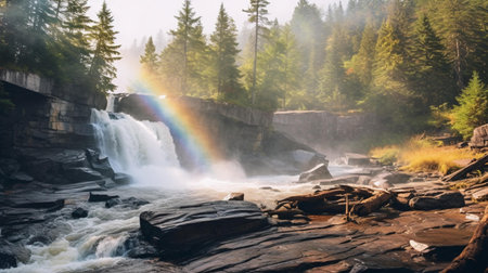 Rainbow on the waterfall in Yosemite National Park, California, United Statesの素材