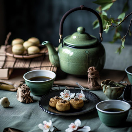 tea ceremony with japanese sweets and tea pot, selective focusの素材