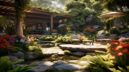 Luxury garden design of a house with beautiful landscaping.の素材
