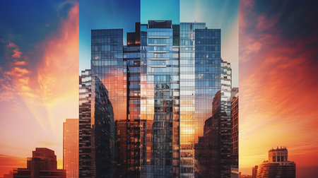 Double exposure of modern skyscrapers at sunset. Business concept.の素材