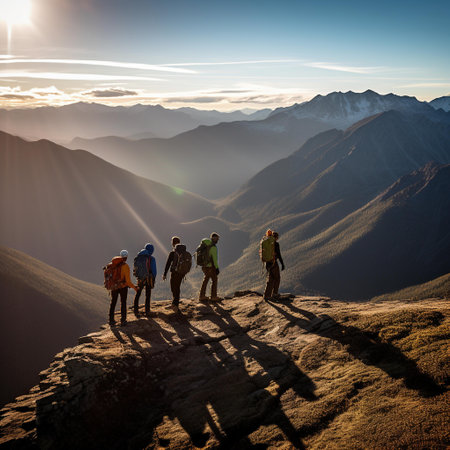 Group of hikers standing on the top of a mountain and watching the sunriseの素材