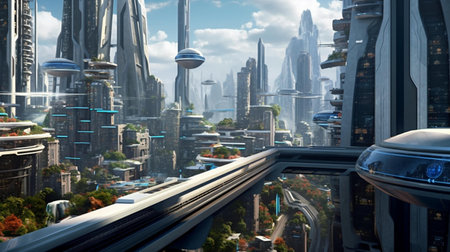 Futuristic city panorama with skyscrapers and high-rise buildingsの素材