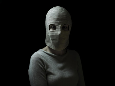 Young woman with a bandage on her head and a mask on her face.の素材
