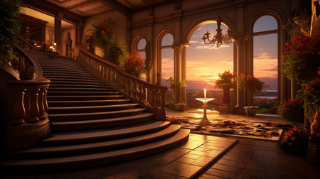Staircase in the garden at sunset, 3d render.の素材