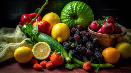 Composition with variety of fresh fruits and vegetables. detox diet