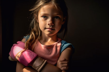 Portrait of a little girl with long blond hair on a dark backgroundの素材