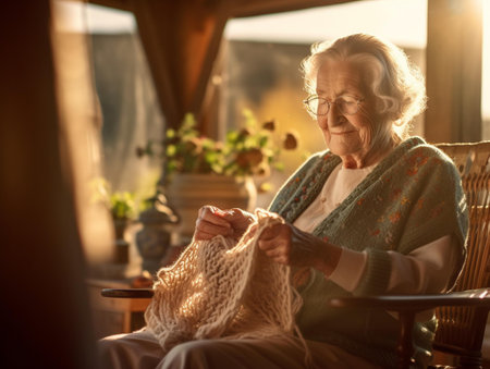 Elderly woman knitting at home. Senior man with knitting needles.の素材