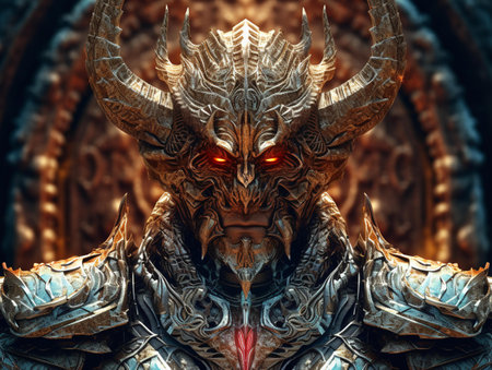 3D rendering of a fantasy dragon with red eyes and black skinの素材