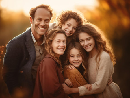 Portrait of a happy family in autumn park. Smiling parents and children outdoors.の素材