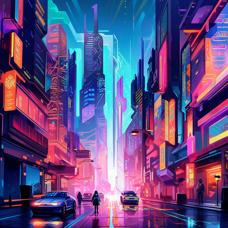 Night city street with neon lights. Urban scene. Vector illustration.の素材