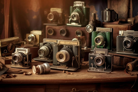Vintage camera on a wooden table. Retro style toned imageの素材