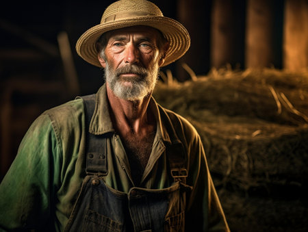 Portrait of an old farmer standing in a barn at sunset.の素材