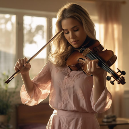 Beautiful young woman playing the violin in the room at home.の素材