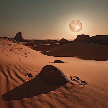 Sand dunes in the desert with full moon. 3d renderingの素材