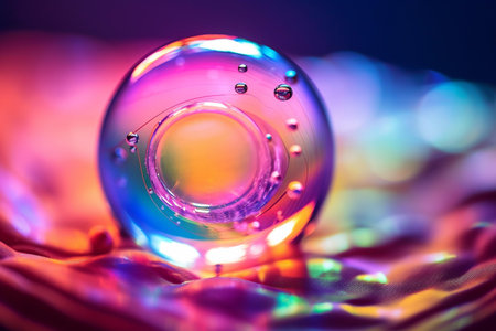 Close-up of a crystal ball on a background of colored lightsの素材
