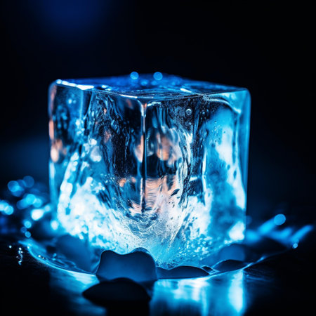 Ice cube with water drops on dark blue background. Ice cube with water drops.の素材