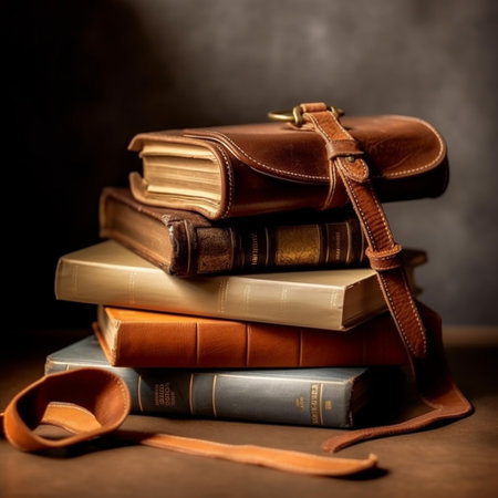 stack of old books with leather briefcase on dark background, education conceptの素材