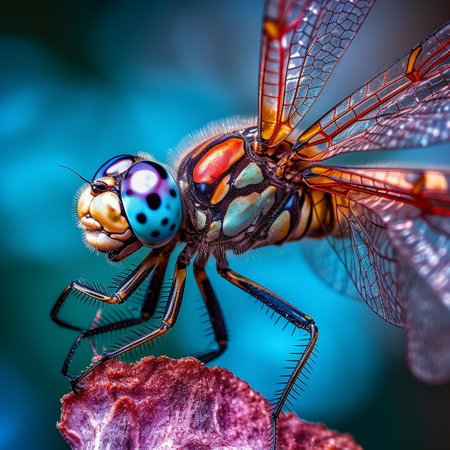 Close-up portrait of a dragonfly on a flower in natureの素材