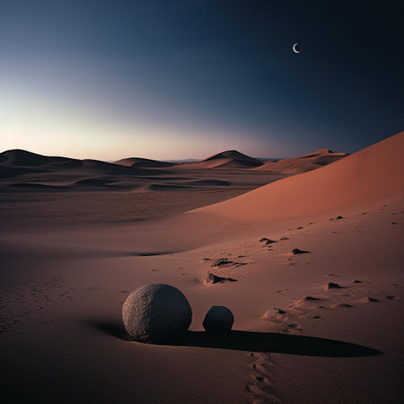 Desert landscape with stone and moon. 3d render illustration.の素材