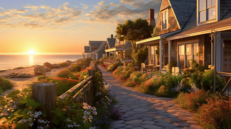 Sunset at the seaside in a beautiful summer evening. 3d renderingの素材