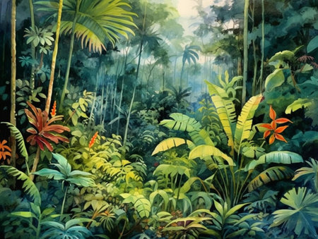 Watercolor painting of tropical rainforest with palm trees and exotic flowersの素材