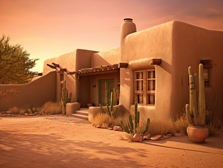 3D rendering of a traditional house in the desert at sunset.の素材
