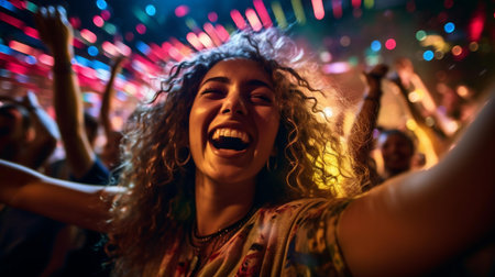 Happy young african american woman dancing at a music festival.の素材