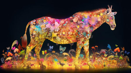 Giraffe with flowers and butterflies on abstract background. Digital paintingの素材
