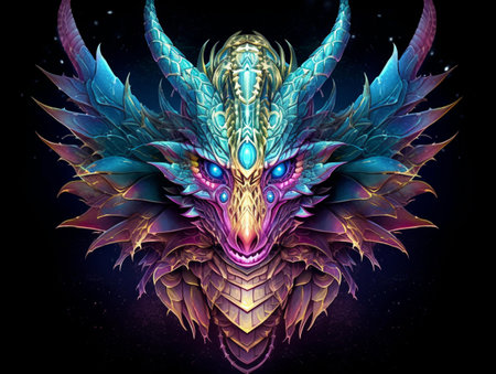 Colorful fantasy dragon on black background. Computer generated illustration.の素材