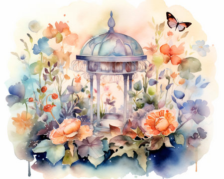 Watercolor illustration of a lantern in a garden with flowers and butterfliesの素材