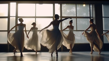 Ballet dancers in white dresses dancing in the studio. Ballerinas training in the dance hallの素材