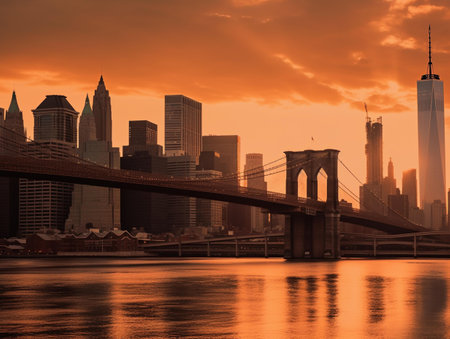 Brooklyn Bridge and Manhattan skyline at sunset, New York City, USAの素材