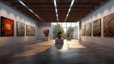 3D render of interior of a modern art gallery with paintings on the wallsの素材
