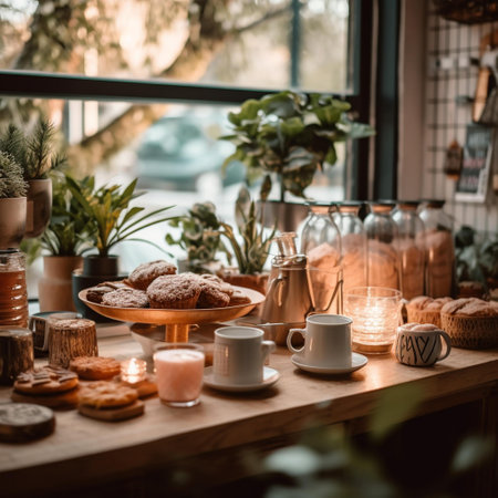 cup of coffee and cookies on a wooden table in the cafe.の素材