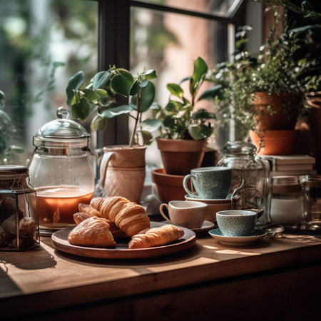 Breakfast with coffee and croissants on a wooden table.の素材