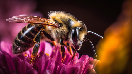 Macro shot of a bee pollinating a chrysanthemum flowerの素材