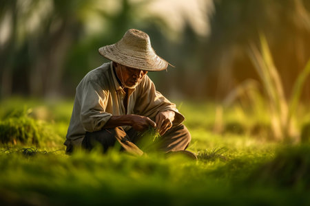 Vietnamese farmer working on the rice field in the morning.の素材