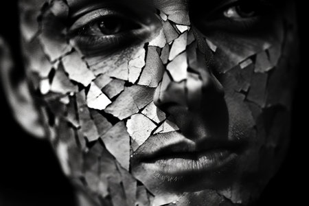 Black and white portrait of beautiful woman with broken face. Close up.の素材