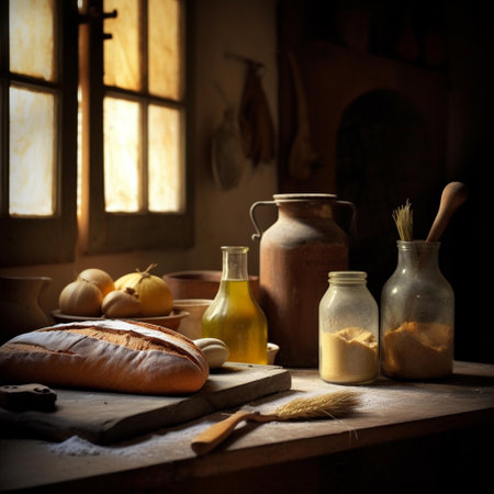 Still life with bread, flour, onions and other ingredients in rustic kitchenの素材