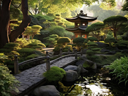 Japanese garden with pond and japanese pagoda in summer.の素材