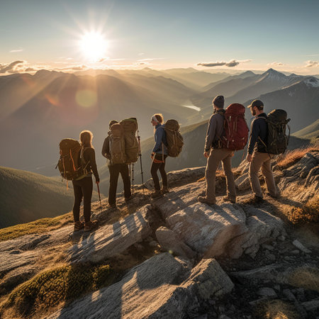 Group of hikers on the top of the mountain. Sport and active life conceptの素材