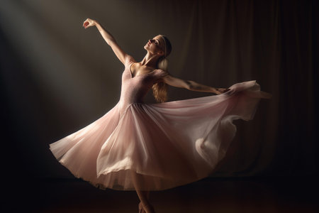 Young beautiful ballerina in pink tutu dancing on dark studio backgroundの素材